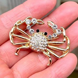 🔥2/$20 Crab Brooch Rhinestone Crab Pin Gold Tone